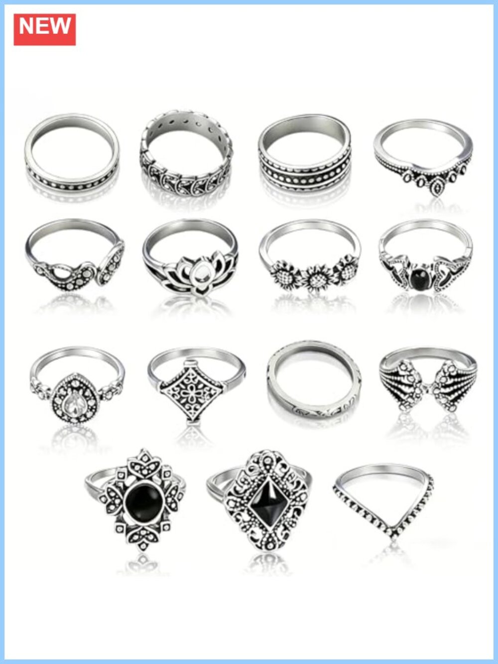 Chunky Silver Stackable Rings Set 15 PCS Gothic Snake Vintage Knuckle